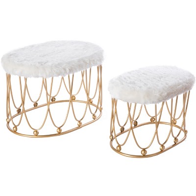 Fabulaxe Set of 2 Gold Metal Side Accent Table Stools with White Fur Top Seat