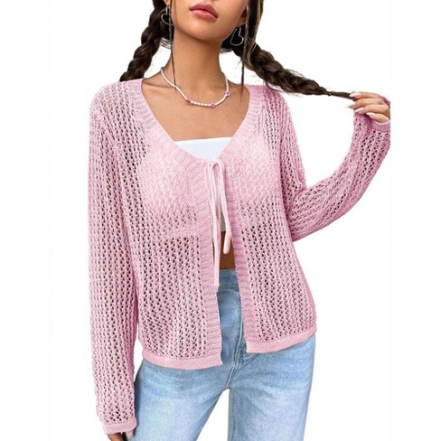 Womens Lightweight Crochet Cardigan Tie Front Shrugs Knit Cardigan Crop Tops Long Sleeve Mesh Sweaters Summer Beach Cover Up Light Pink 2xl Target