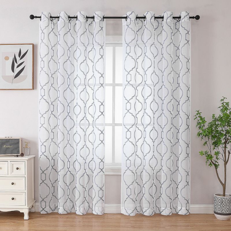 Kate Aurora Transcendence 1 Piece Grommet Top Embroidered Sheer Trellis Clover Window Curtain Panel, 1 of 6
