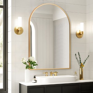 1-Piece 24 in.W x 36 in.H Aluminum Alloy Thin Edged Right Angled Arched Golden Hanging Mirror Wall Mirror - 1 of 4