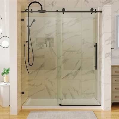 Shower door, 60 inches wide x 74 inches high, sliding roller shower door with stainless steel handle, transparent glass door