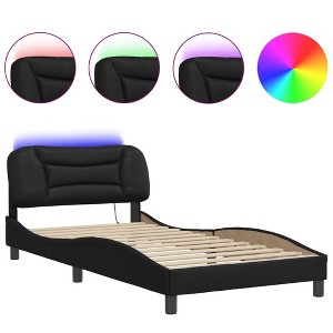 vidaXL Black Twin Size Bed Frame with Foam Headboard and LED Strip Lighting - Contemporary Faux Leather Upholstery - Bedroom Furniture - 1 of 4
