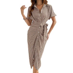 Clearlove Women's Summer Button Down Shirt Dresses Short Sleeve Elegant Party High Waisted Maxi Dress - 1 of 4