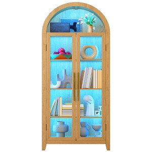 Vlsrka Arched Display Cabinet with Glass Doors, 3-Color LED Lights and Motion Sensor,Brown - 1 of 4