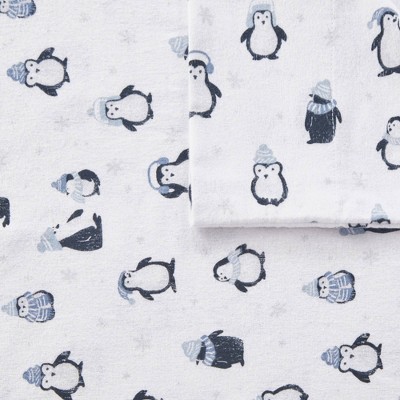 Full Gray Cotton Flannel Penguin Print Sheet Set