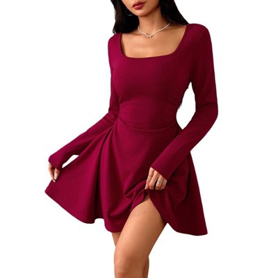 Coolmee Womens Square Neck Bodice Dress Long Sleeve A Line Mini Dresses