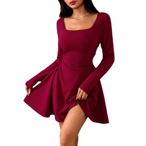 Coolmee Womens Square Neck Bodice Dress Long Sleeve A Line Mini Dresses - 1 of 4