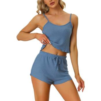 Cheibear Womens Sleepwear Pjs Lace Trim Satin Lingerie Silk Cami With Shorts  Pajama Set Blue Medium : Target