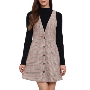 Allegra K Women's V Neck Gingham Check Pinafore Overalls Suspenders Plaid Print Dress - 1 of 4