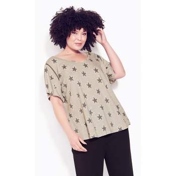 Women's Plus Size Flutter Sleeve Print T-Shirt  - Star Grey | ZIM & ZOE