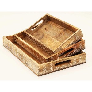 HomeRoots Set of Three Natural Rectangular Solid Wood Floral Handmade Serving Tray With Handles - 1 of 4