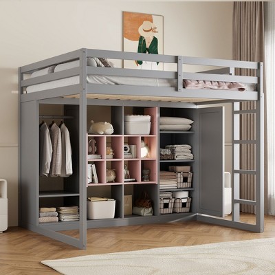 Sapphtopaz Wood Loft Bed with Wardrobe & Storage Cabinet,Versatile Bed Frame with Ladder & Guardrail,Space-Saving Bed for Adults&Teen
