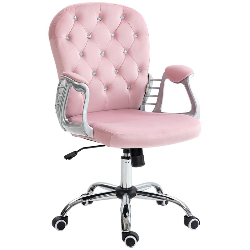 Vinsetto Vanity Velvet Mid Back Office Chair Swivel Tufted Backrest Task Chair with Padded Armrests, Adjustable Height, Rolling Wheels, Pink, 1 of 7