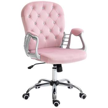 Vinsetto Vanity Velvet Mid Back Office Chair Swivel Tufted Backrest Task Chair with Padded Armrests, Adjustable Height, Rolling Wheels, Pink