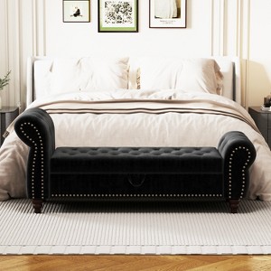 TiramisuBest 64.5" Velvet Storage Bed Bench - Tufted Chaise Lounge with Antique Nails, Khaki - 1 of 4