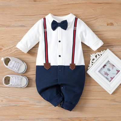PATPAT Baby Newborn Infant Boys Gender Neutral Long Sleeve Button Grey Bow Tie Romper Jumpsuit Outfits Clothes