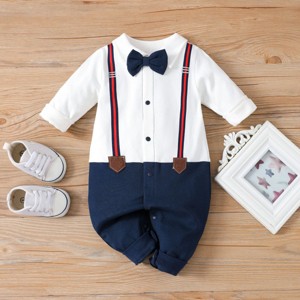 PATPAT Baby Newborn Infant Boys Gender Neutral Long Sleeve Button Grey Bow Tie Romper Jumpsuit Outfits Clothes - 1 of 4