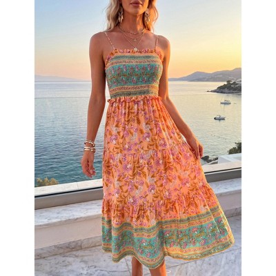 Женские платья INSPIRE CHIC Women's Summer Spaghetti Strap A-Line Flowy Smocked Midi Boho Floral Sundresses Orange X-Small — фото 2