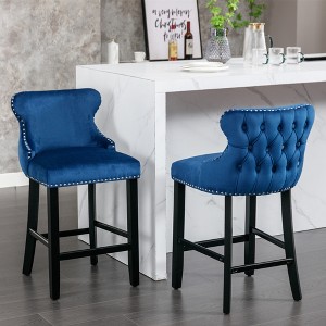 Velvet Wing-Back Bar Stools Set of 2 with Button Tufted Back, Wooden Legs, and Chrome Nailhead Trim for Home, Pub, or Kitchen - 1 of 4