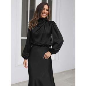 Women Satin Long Sleeve Maxi Dress Elegant Boat Neck Wrapped Waist Casual Magenta Spring Dresses - 1 of 4