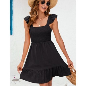 Coolmee Women Boho Casual Chest Smocked Square Neck Back Tie Elegant Tiered Ruffle Shoulder Mini Dress - 1 of 4