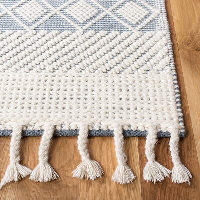 Ivory and Blue Hand-Knotted Wool Area Rug - 27" x 8"