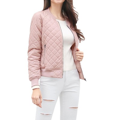 Allegra K Women Quilted Zip Up Raglan Sleeves Bomber Jacket Pink S