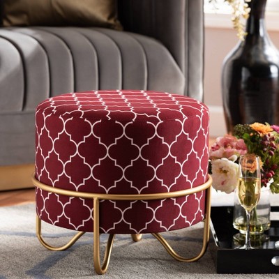 Candice Quatrefoil Velvet Upholstered Metal Ottoman Red - Baxton Studio: Gold Frame, Footstool, No Storage
