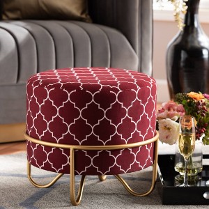 Candice Quatrefoil Velvet Upholstered Metal Ottoman Red - Baxton Studio: Gold Frame, Footstool, No Storage - 1 of 4
