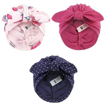 Hudson Baby Infant Girl Turban Cotton Headwraps, Pink Navy Floral, One Size