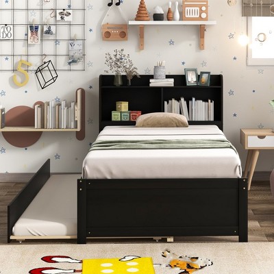 Twin/Full Bed With Trundle, Twin/Full Platform Bed Frame With Headboard Bookcase And Storage Shelves For Bedroom, No Box Spring Needed