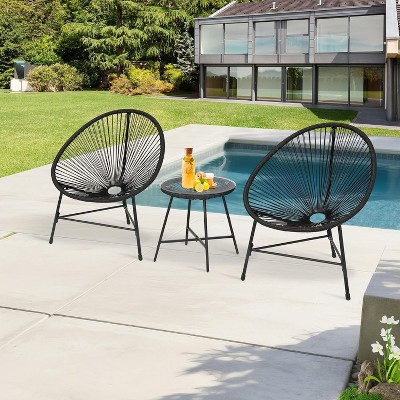 3-Piece Outdoor Seating Acapulco Chair Set, Modern Patio Furniture Set With Woven Rope Chairs and Glass Top Table for Deck, Balcony, Poolside