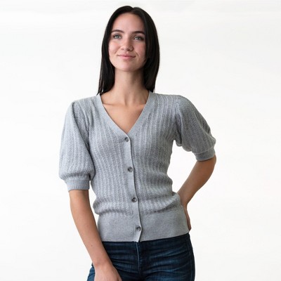 Hope & Henry Womens' Puff Sleeve Button Front Sweater