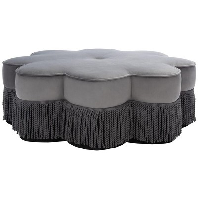 Tanith Dark Grey Velvet Flower Ottoman with Fringe