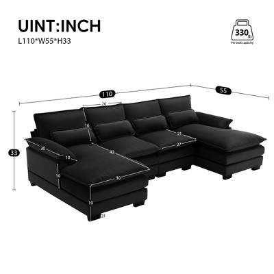 Dolonm 110 in. Pillow Top Arm 6-seat Chenille U-shaped Sofa with Double Chaise Lounge & Waist Pillows, Modular Sectional Sofa