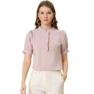 Allegra K Women's Work Office Half Placket Ruffled Puff Sleeve Blouse