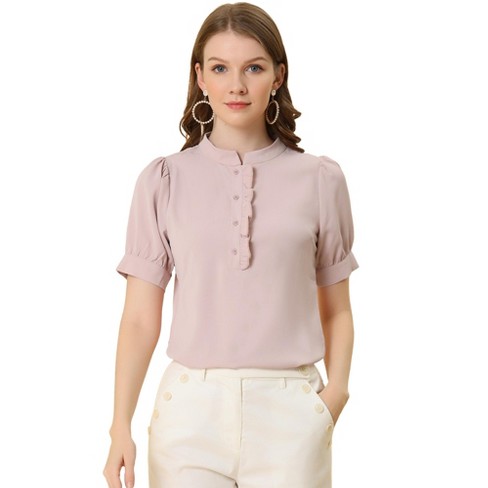 Unique Bargains Women's Ruffled Work Office Stand Collar Chiffon Blouse 