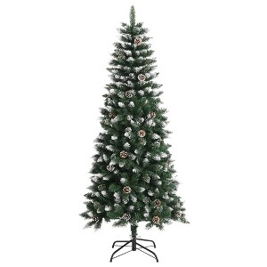 vidaXL Artificial Christmas Tree - 59.1" Green and White PVC - Winter-Themed Decor with Cones, Snow and Glitter - Sturdy Steel Stand Included - 1 of 4