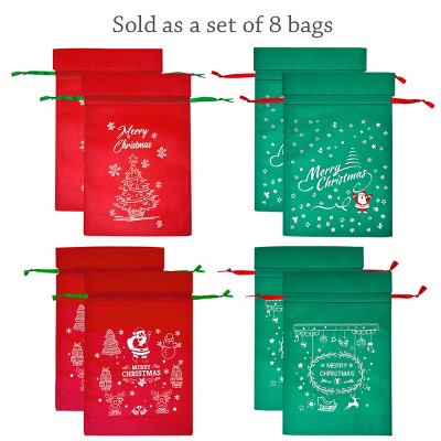 Festive Red and Green Non-Woven Christmas Drawstring Gift Bags Set