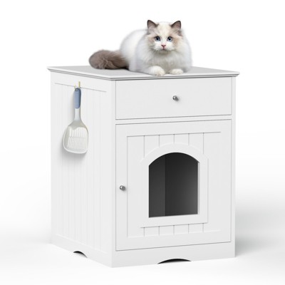 FURNIinspire Wooden Pet House Cat Litter Box Enclosure with Drawer, Side Table, Indoor Pet Crate, Cat Home Nightstand