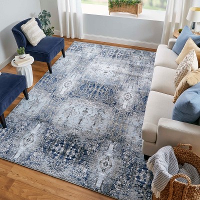 Gaspar Blue and Gray Abstract Synthetic Area Rug 5'2" x 7'2"