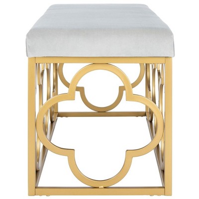 Elegant Fleur Quatrefoil Bench in Gray Velvet and Gold Finish
