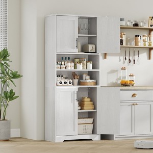 Kitchen Pantry Cabinet, 4 Door Cabinet w/Microwave Stand & Drawer, Adjustable Shelf, Gray - 1 of 4