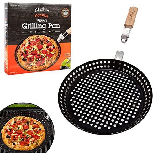 Pizza Grill Pan (12) w Removable Handle- Perforated Non-stick Grilling  Dish w Air Holes for Extra Crispy Crust- Extra High Walls Keep Food Inside 