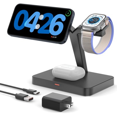 HANPURE 3 in 1 Magnetic Charging Stand Wireless Charger Station Foldable for iPhone 12-16 Pro Max Plus for Apple Watch 4-10 SE AirPods Pro 2/3/4