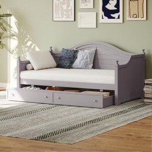 Twin Size Wood Daybed with 2 Storage Drawers ,Wooden Sofa Bed with Handrail for Living Room Bedroom - 1 of 3
