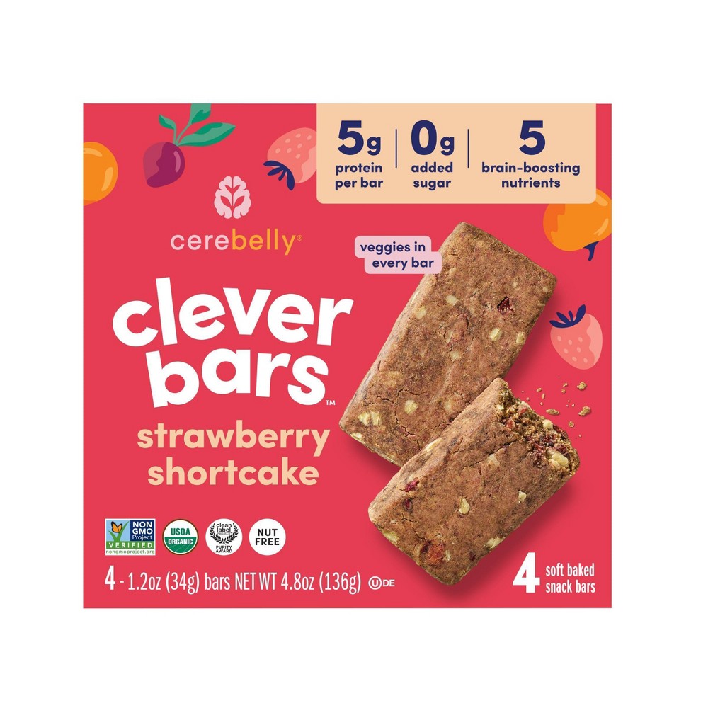 Cerebelly Organic Clever Strawberry Shortcake Snack Bars - 5g Protein - 4.8oz/4ct