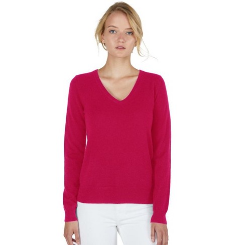 JENNIE LIU Women s 100 Pure Cashmere Long Sleeve Pullover V Neck Sweater 8160 Azalea X Small