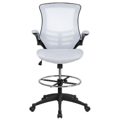 White Mesh and Leather Ergonomic Drafting Chair with Adjustable Arms