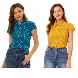 INSPIRE CHIC Women's Short Sleeve Vintage Polka Dots Button Up Blouse 2 Packs - 1 of 4